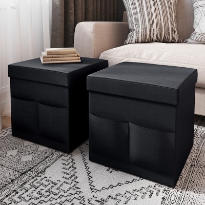 Hasting Home Set of 2 Folding Ottomans with Storage Pockets