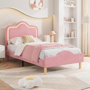 COZONY Twin Size Upholstered Bed Frame with Adjustable Headboard & Footboard, Velvet Princess Platform Bed for Kids, Sturdy Wood Slats, Easy Assembly - 1 of 4