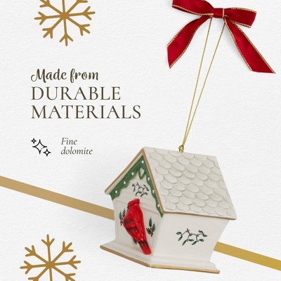 Elegant White and Red Porcelain Birdhouse Christmas Ornament