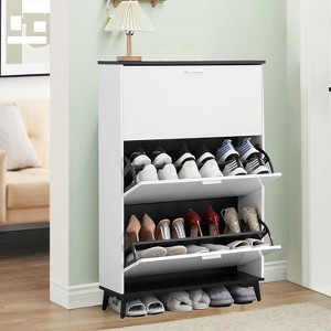 Jojoka White 3-Drawer Narrow Shoe Cabinet, 47" Tall Wooden Shoe Storage Organizer with Flip Drawers for Entryway, Hallway, or Closet - 1 of 4