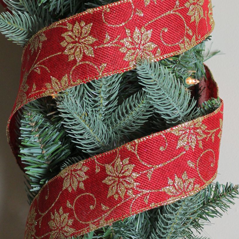 Northlight Cranberry Red and Gold Poinsettia Christmas Wired Craft Ribbon 2.5" x 10 Yards, 2 of 3