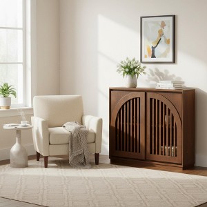 Homy Casa Solid Wood & MDF Storage Cabinet with Dual Slatted Doors for Entryway, Living Room – Brown - 1 of 4