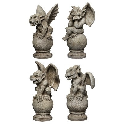 Gray Polyresin Gargoyles on Pedestals Garden Statue Set