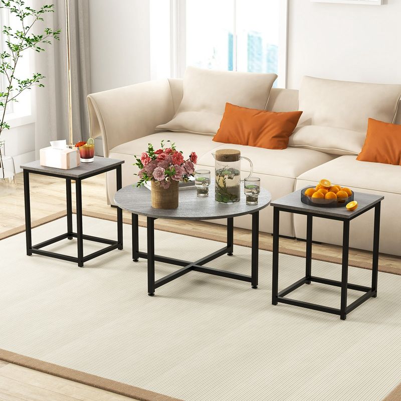 Costway 3 PCS Coffee Table Set Round Coffee Table and 2 PCS Square End Tables Metal Frame, 2 of 11