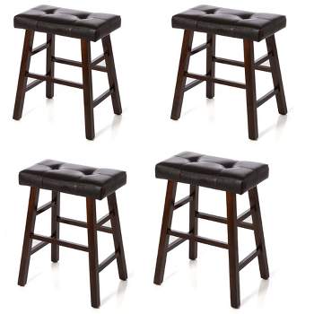 Set of 4 Dark Espresso Brown Wood Counter OR Bar Stools with Bonded Faux Leather Seat