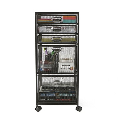 Black Mesh Rolling File Cabinet with 5 Drawers