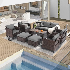Sonkuki 8-Piece Patio Conversation Set with Ottoman and Side Table, Navy Blue Cushion - 1 of 4