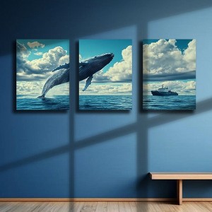 3pcs Framed Canvas Wall Art Set - Ocean Themed Whale and Ship Prints for Living Room, Bedroom, Office Decor - Canvas Material - 1 of 4