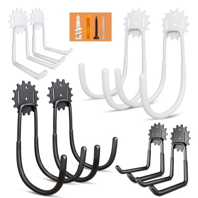 phiestina Garage Hooks, 8-Piece Heavy Duty Utility Steel Hooks for Power Tools, Garden Tools, Black & White