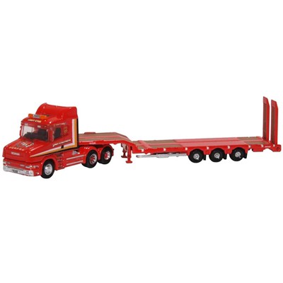 Scania T-Cab Truck RHD with Lowboy Trailer "Sandy Kydd" Red with Stripes 1/148 (N) Scale Diecast Model Car by Oxford Diecast