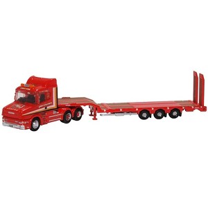 Scania T-Cab Truck RHD with Lowboy Trailer "Sandy Kydd" Red with Stripes 1/148 (N) Scale Diecast Model Car by Oxford Diecast - 1 of 1