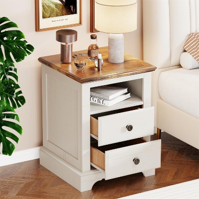 18" Vintage Nightstand wtih Charging Station, End Table Side Table with 2 Drawers for Bedroom, Living Room
