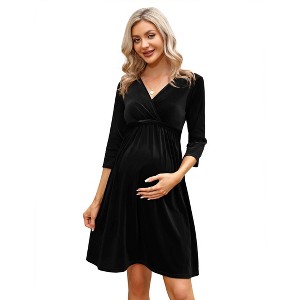 Coolmee Women's Maternity Casual Midi Dress 3/4 Sleeve V-Neck A-Line Dress Church Swing Semi Formal Dresses for Babyshower - 1 of 4