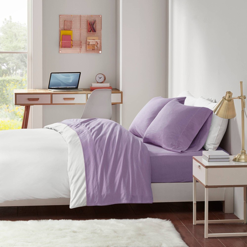 Photos - Bed Linen Twin Cotton Blend Jersey Knit All Season Sheet Set Purple