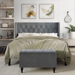 ChaletPosh Velvet Upholstered Bed with Storage Bench - 1 of 4