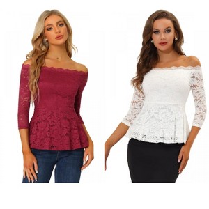 INSPIRE CHIC Women's Elegant Lace Floral Semi Sheer 3/4 Sleeve Off Shoulder Peplum Top 2 Packs - 1 of 4