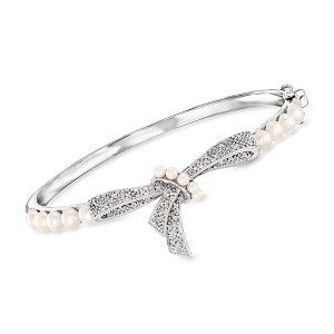 Ross-Simons 2-4.5mm Cultured Pearl and .11 ct. t.w. Diamond Bow Bangle Bracelet in Sterling Silver Size 8 - 1 of 4