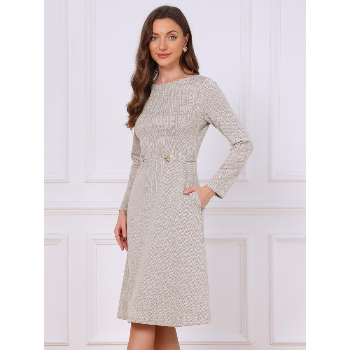 Женские платья INSPIRE CHIC Women's Boat Neck Long Sleeve A-Line Business Casual Formal Pockets Dress Large Taupe — фото 4