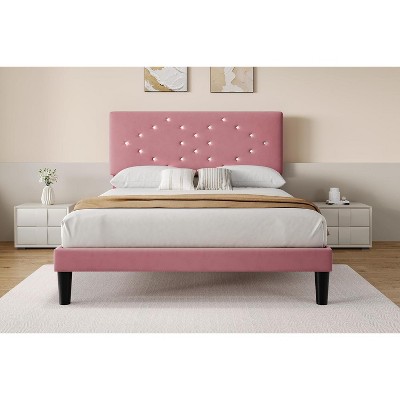 Velvet Bed Frame, Upholstered Platform Bed with Button Tufted Headboard & Under-Bed Storage Space, Sturdy Wooden Slats Support, No Box Spring Needed