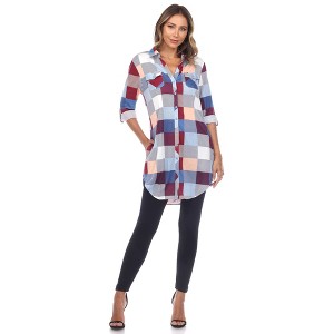 Women's  Roll Tab Sleeve Plaid Buttoned Top - White Mark - 1 of 4