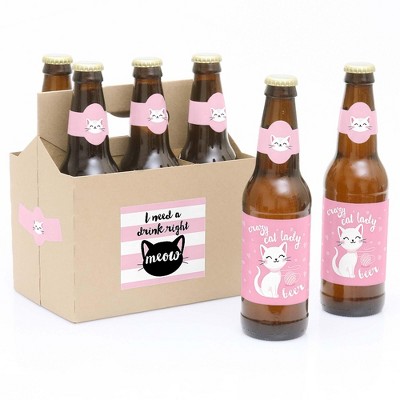 Big Dot of Happiness Purr-fect Kitty Cat - Kitten Meow Birthday Party Decorations for Women and Men - 6 Beer Bottle Label Stickers and 1 Carrier