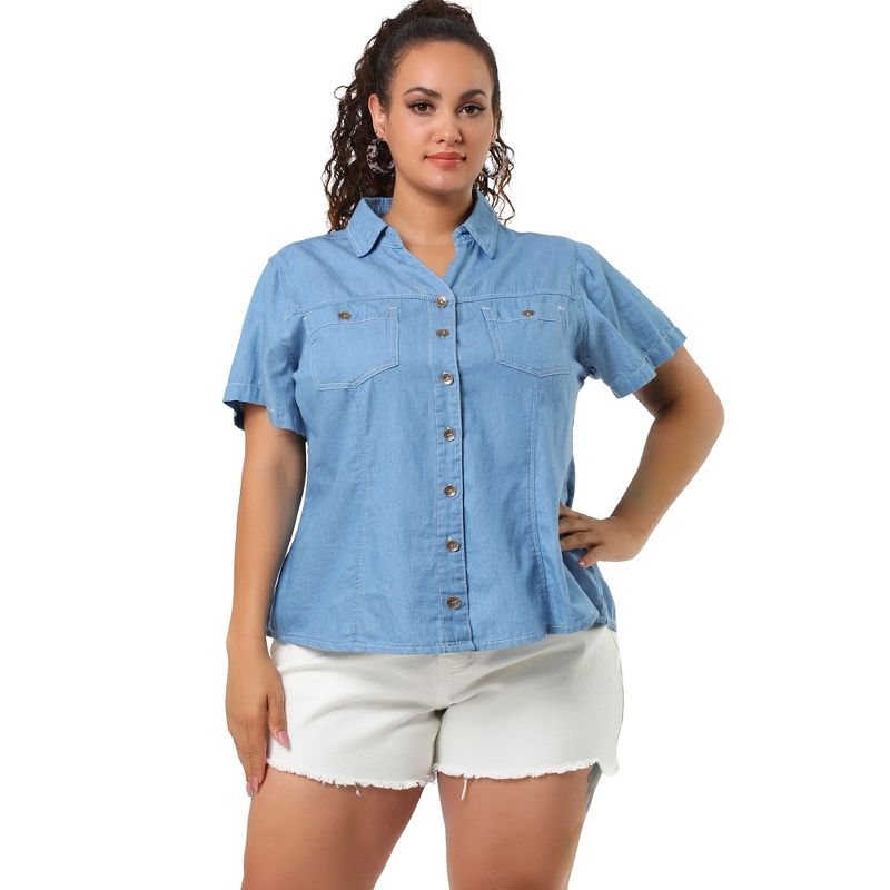 Agnes Orinda Women's Plus Size Short Sleeve V Neck Chest Pocket Solid Button Down Shirts, 3 of 7