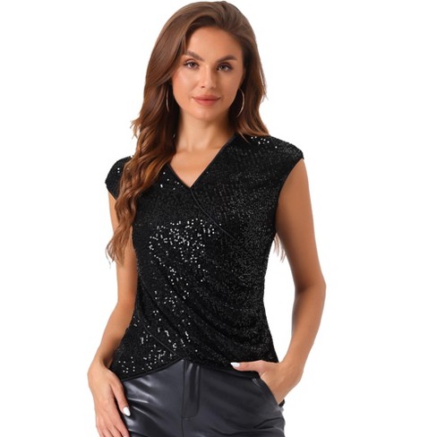 Allegra K Women's Party Club Sequin Sparkle Glitter V Neck Cap Sleeve Blouse - image 1 of 4