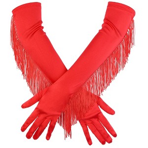 INSPIRE CHIC Women's Long Fringe Gloves with Tassels Satin 19.3" Elbow Length Warmer for Halloween, Opera, Wedding, Party 1Pair - 1 of 4