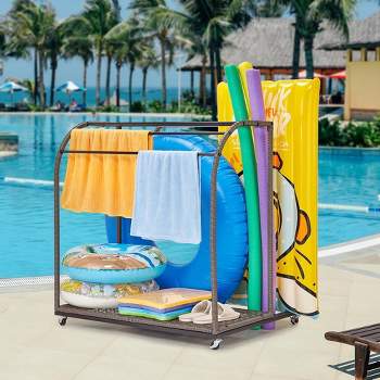 Whizmax Poolside Towel Rack Outdoor,Rattan Weaving Towel Rack Freestanding,Storage Organizer with Compartment for Floats, 5 Bar Towel Storage