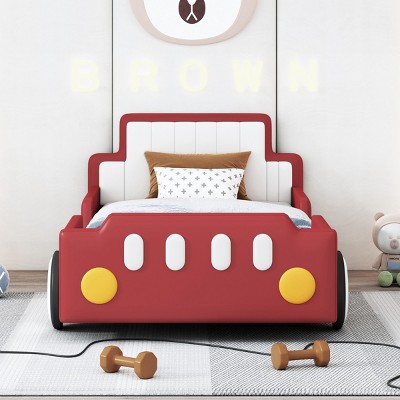 Twin Beds With Unique Race Car Design, Platform Bed With Wheels, Twin Bed Headboard And Frame, Solid Wood Beds Modern-Cuddlewood