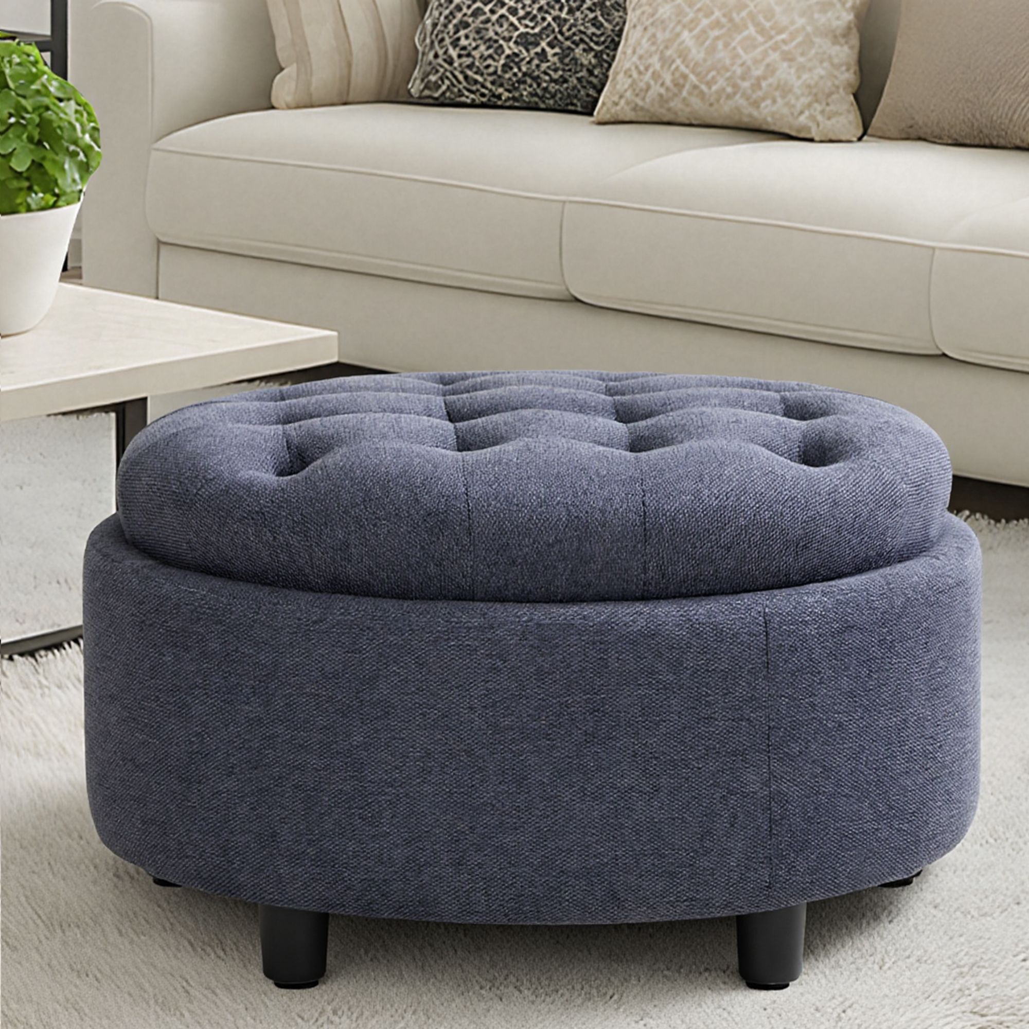 3-in-1 Round Fabric Storage Ottoman – 25"x25" Reversible Tray Lid, Footrest & Small Coffee Table with Hidden Storage