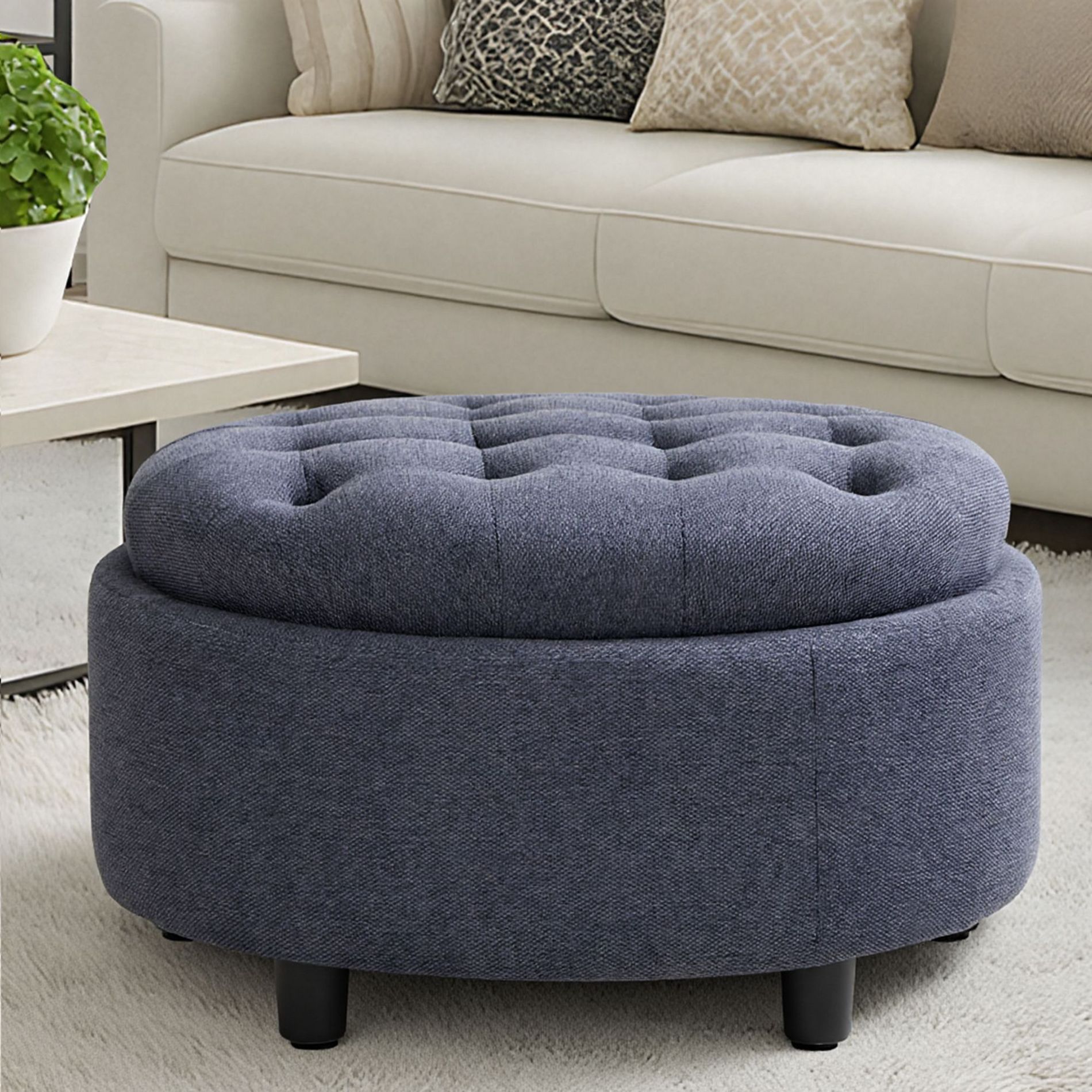 Ora Maison Round Fabric Storage Ottoman with Reversible Tray Lid – 3-in-1 Footrest, Hidden Storage, Small Coffee Table,Blue