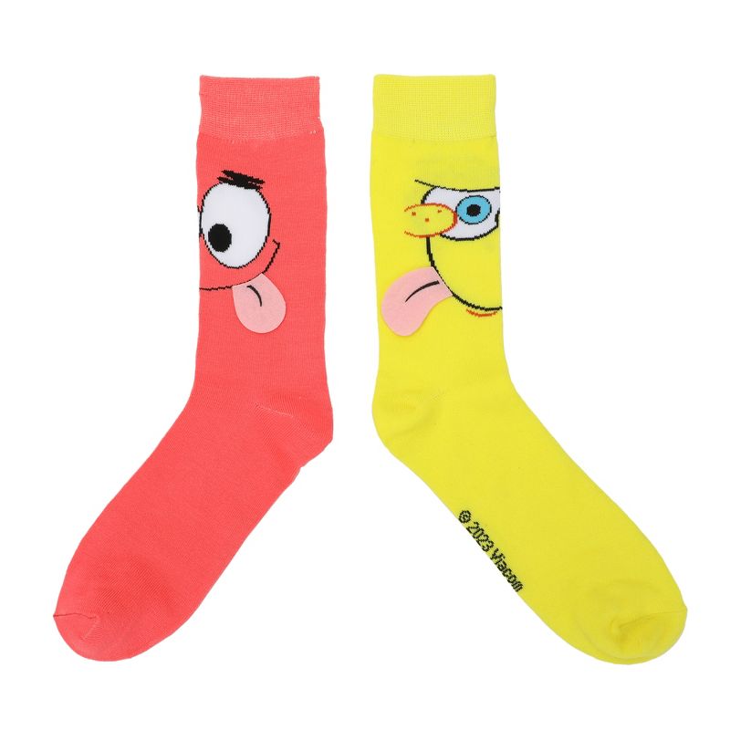 Spongebob Squarepants Spongebob & Patrick Faces With 3D Tongues Men's Casual Crew Socks, 2 of 7