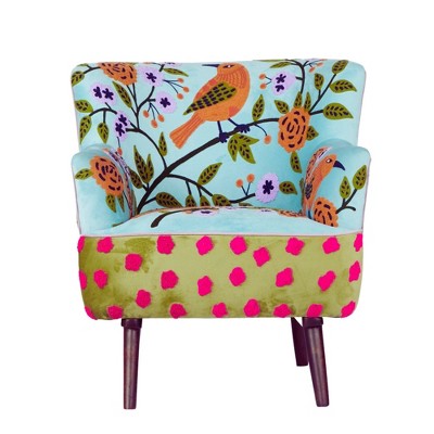 HomeRoots 32" Blue Green Orange and Pink Fabric and Solid Wood Floral Arm Chair