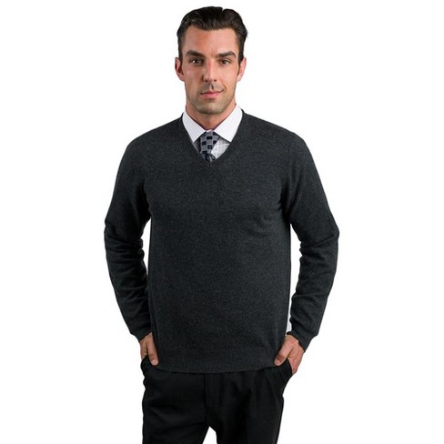 Charcoal Men's 100% Cashmere Long Sleeve Pullover V Neck Sweater - JENNIE  LIU