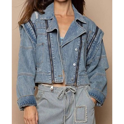 Women's Cropped Denim Jacket With Functional Zipper Detail - POL