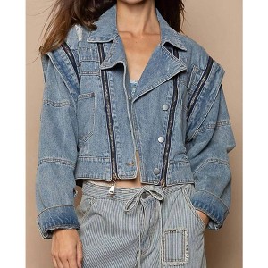 Women's Cropped Denim Jacket With Functional Zipper Detail - POL - 1 of 4