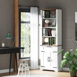 4 Tier Bookshelf with Storage Cabinet, 72" Tall Farmhouse Bookcase with Barn Door and Drawer, Tall Bookshelf with Adjustable Shelves - 1 of 4