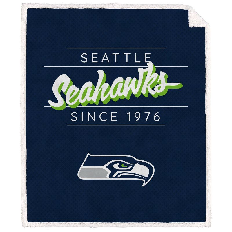 NFL Seattle Seahawks Legacy Script Faux Shearling Flannel Fleece Blanket, 1 of 4
