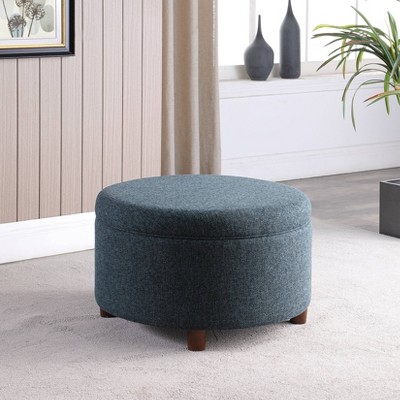 Modern Textured Navy Woven Fabric Large Round Storage Ottoman
