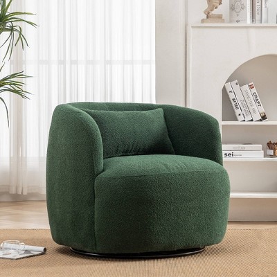 Green Boucle Upholstered Swivel Barrel Accent Chair with Wood Frame