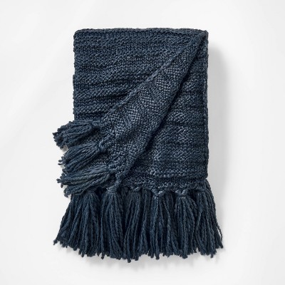 Photo 1 of Raised Striped Chunky Knit Throw Blanket Navy - Threshold designed with Studio McGee: Midweight Polyester, 50x60, Tassels