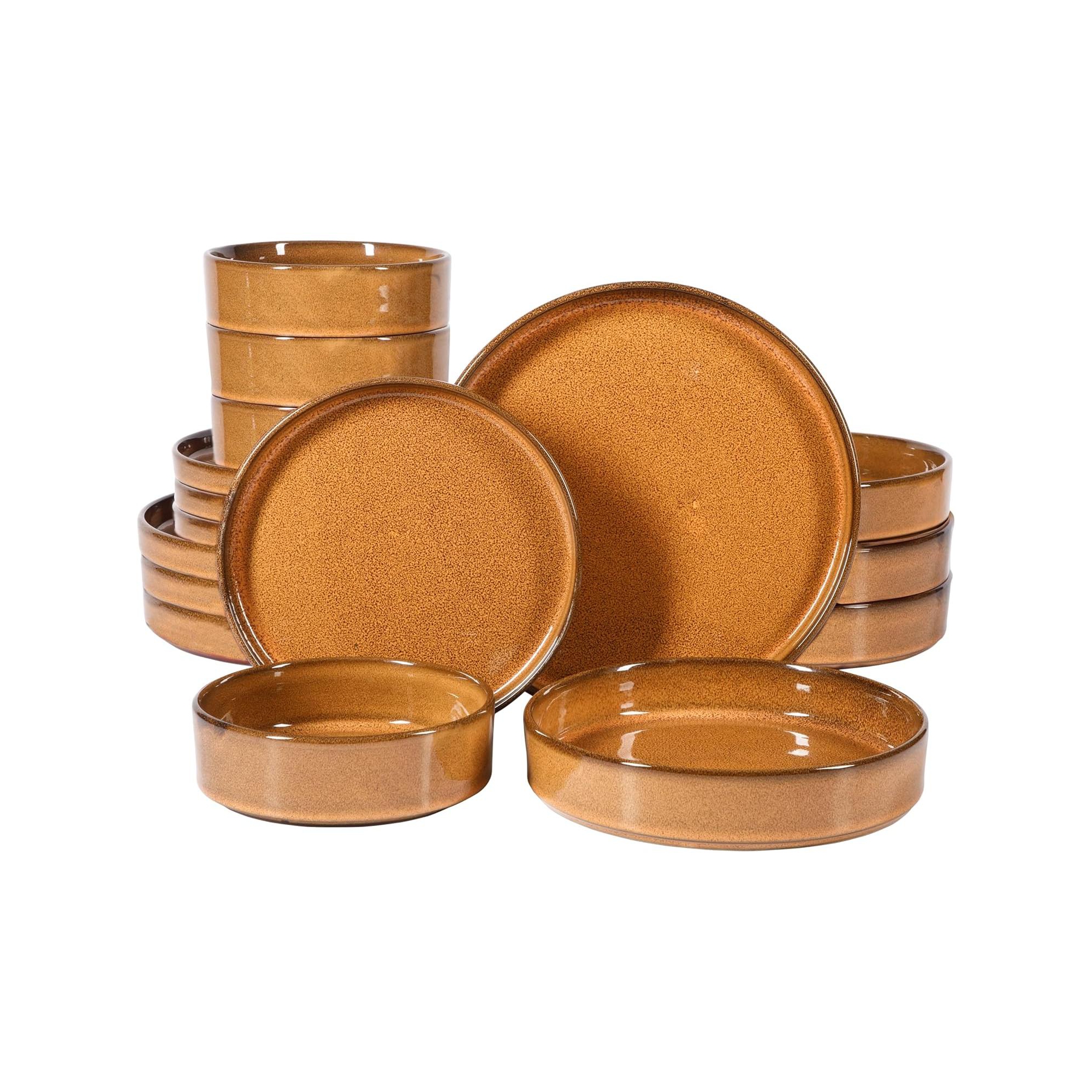 Bloomhouse Santorini Mist 16 Piece Double Bowl Terracotta Reactive Glaze Plates and Bowls Dinnerware Set - Amber
