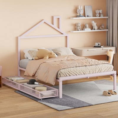 Full/Twin Size Metal Platform Bed Frame with Trundle Bed/ Drawers, House-Shaped Headboard Design 4S -ModernLuxe