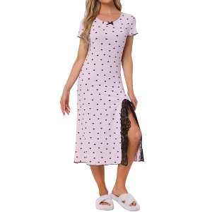 INSPIRE CHIC Women's Short Sleeves Heart Print Lace Trim Slit Side Ribbed Knit Long Nightgowns - 1 of 4