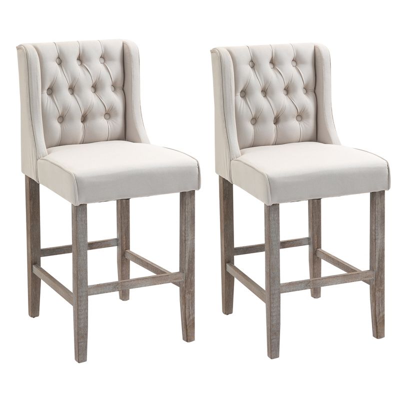 HOMCOM 26.25" Counter Height Bar Stools Set of 2, Tufted Wingback Armless Upholstered Dining Chair with Rubber Wood Legs, 1 of 8