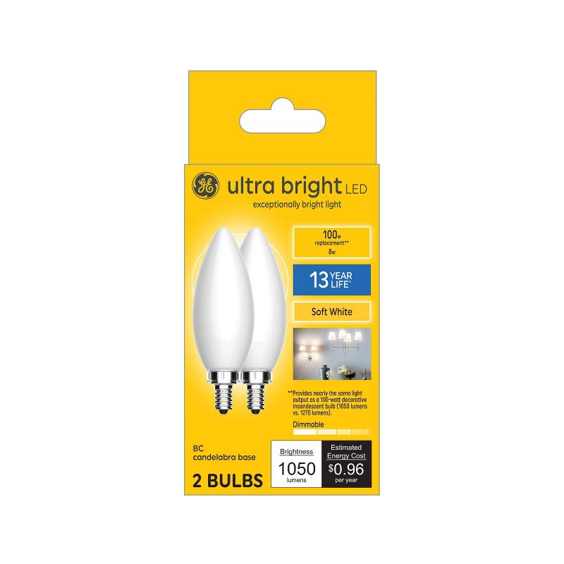 GE 2pk 8 Watts Soft White Candelabra Base Ultra Bright LED Decorative Light Bulbs, 1 of 8