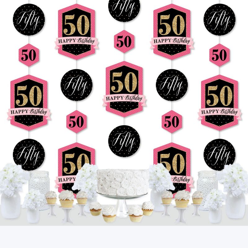 Big Dot of Happiness Chic 50th Birthday - Pink, Black and Gold - Birthday Party DIY Dangler Backdrop - Hanging Vertical Decorations - 30 Pieces, 2 of 8