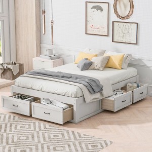 Okak Full/Queen Antique Wood Bed Frame with 6 Storage Drawers,Modern Classic Platform Bed for Bedroom,No Box Spring Needed - 1 of 4