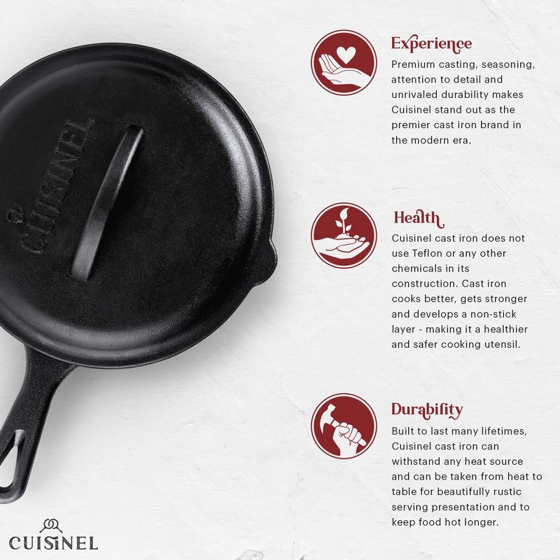 Cuisinel Cast Iron Skillet with Lid - 8"-inch Pre-Seasoned Covered Frying Pan Set + Silicone Handle and Lid Holders + Scraper/Cleaner, 3 of 5